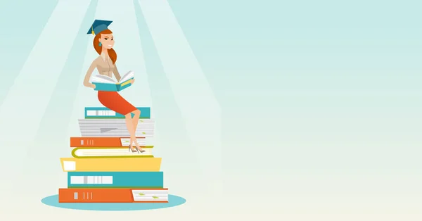 Student sitting on huge pile of books. — Stock Vector