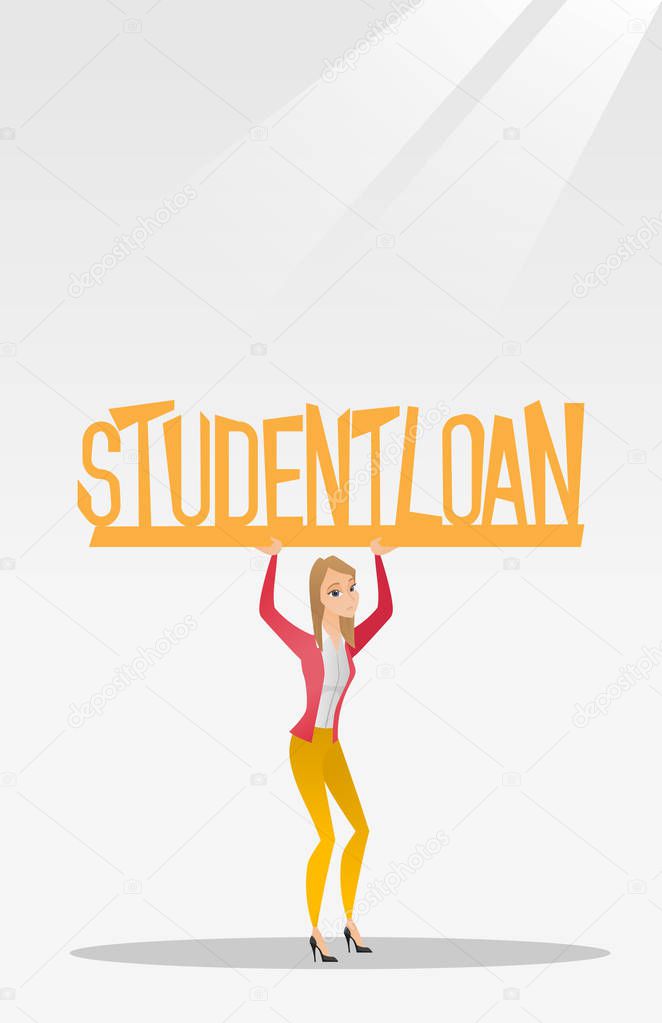 Woman holding sign of student loan.