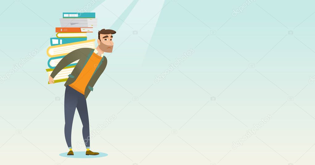 Student with pile of books vector illustration.