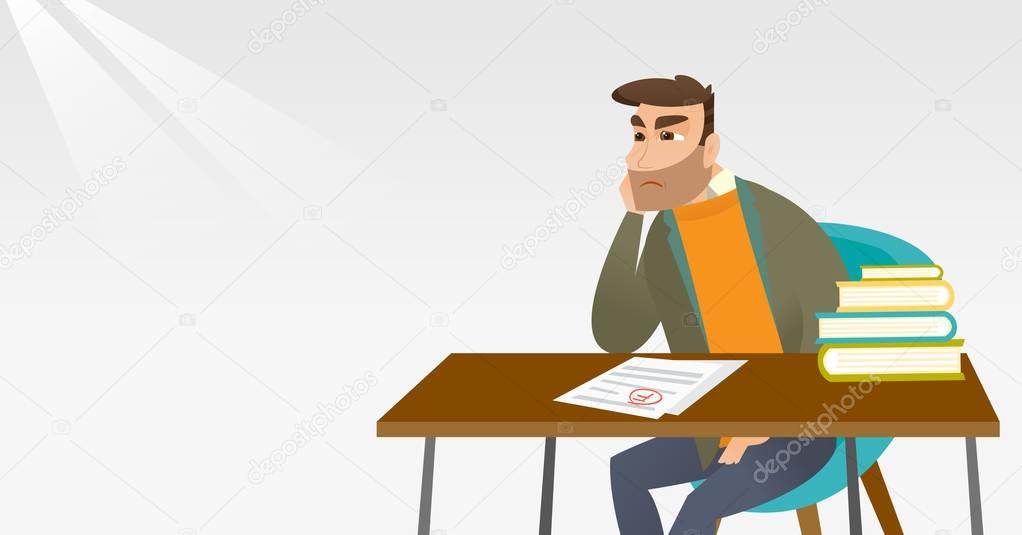 Sad student looking at test paper with bad mark.