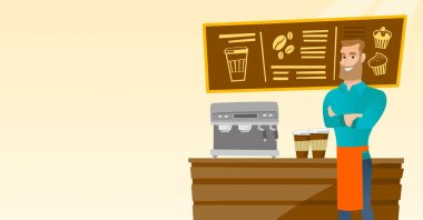 Barista ayakta yakınındaki kahve makinesi.