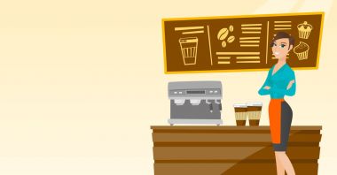 Barista ayakta yakınındaki kahve makinesi.