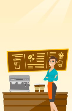 Barista ayakta yakınındaki kahve makinesi.