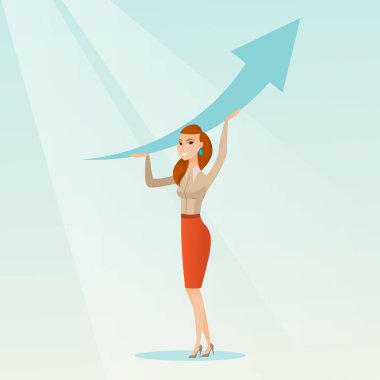 Yukarı ok tutan iş kadın.