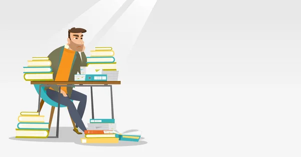 Student sitting at the table with piles of books. — Stock Vector