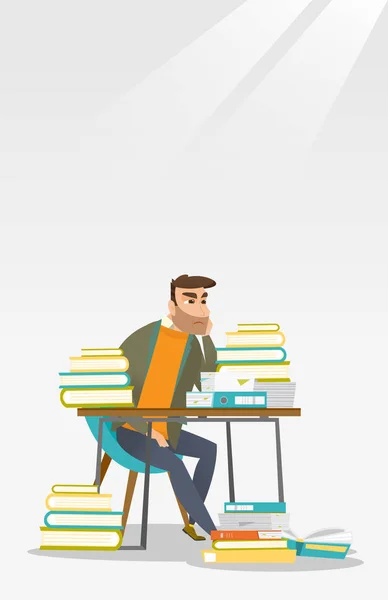 Student som sitter vid bordet med högar av böcker. — Stock vektor
