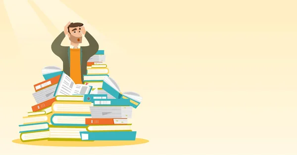 Student sitting in huge pile of books. — Stock Vector