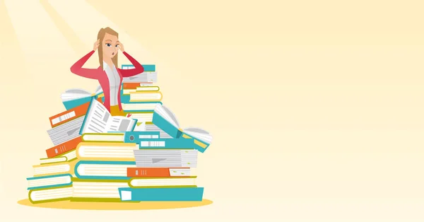 Student in enorme stapel boeken zit. — Stockvector