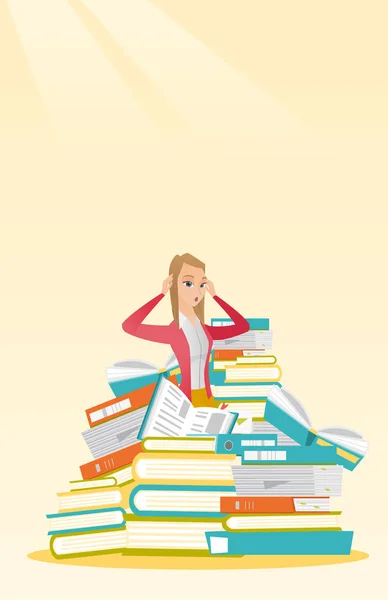 Student sitting in huge pile of books. — Stock Vector
