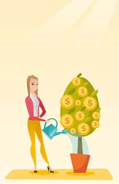 Frau gießt Geld Baum Vektor Illustration. — Stockvektor