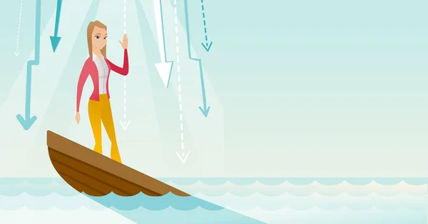 Donna d'affari in piedi in barca che affonda . — Vettoriale Stock