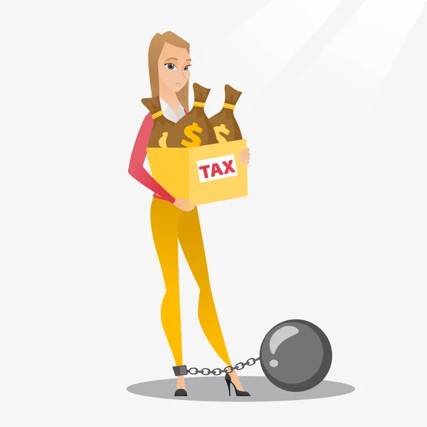 Chained woman with bags full of taxes. — Stock Vector