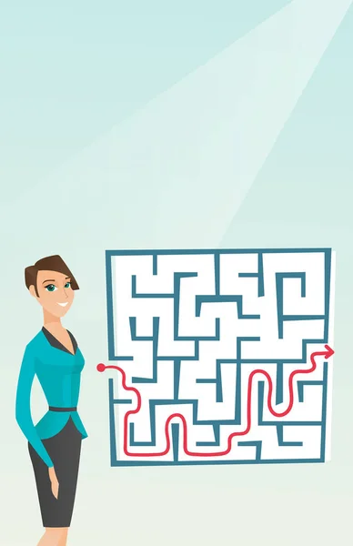 Business woman looking at labyrinth with solution — Stock Vector