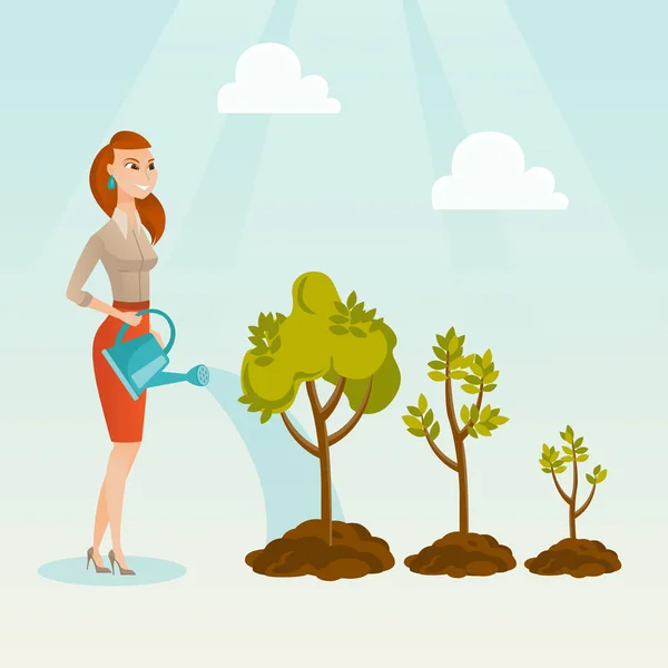 Geschäftsfrau, die Bäume tränkt Vektor Illustration. — Stockvektor