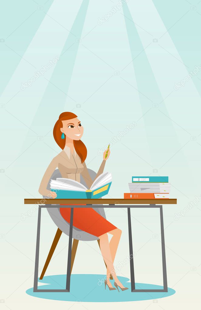 Student writing at the desk vector illustration.