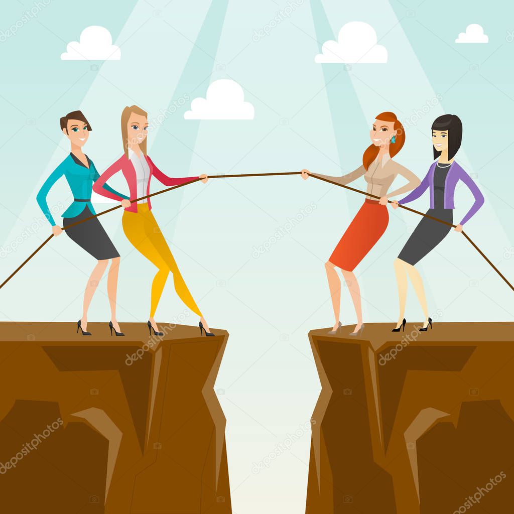 Two groups of business people pulling rope.