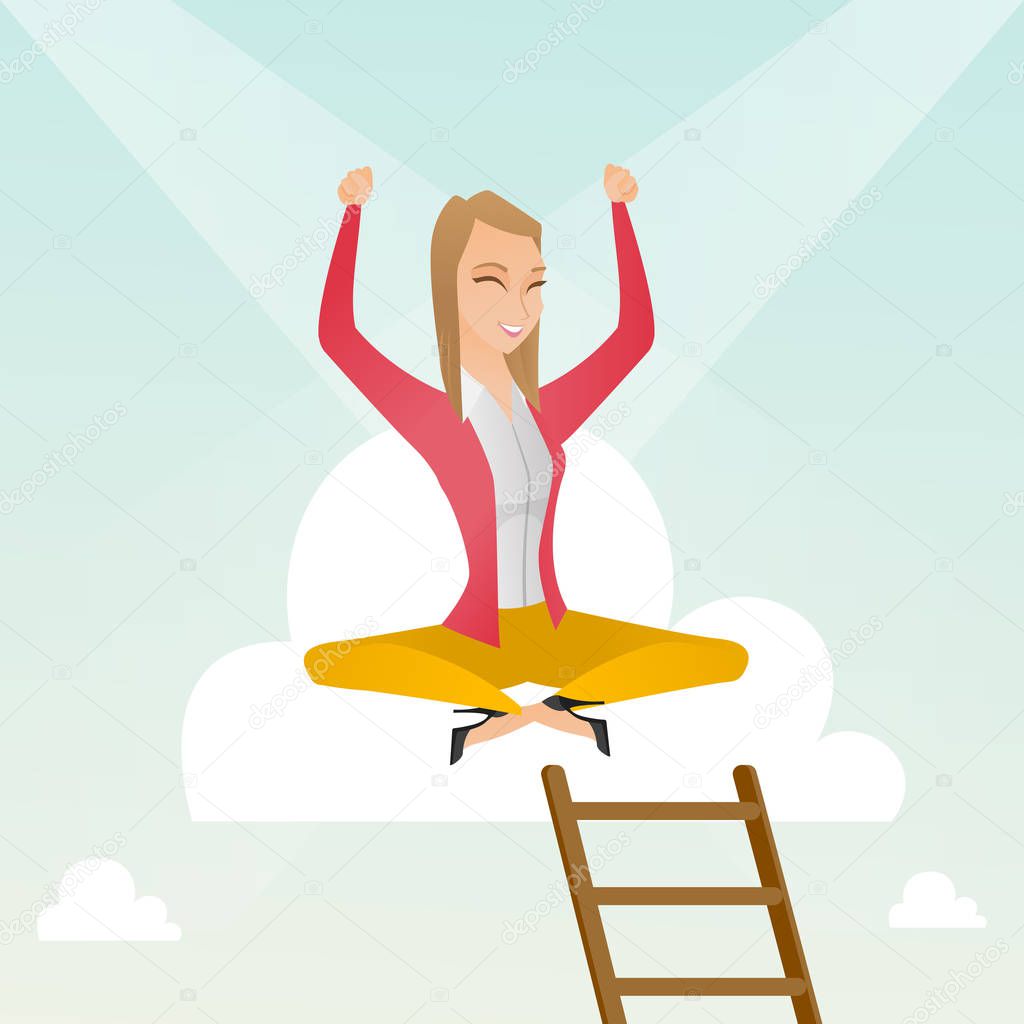 Happy business woman sitting on the cloud.