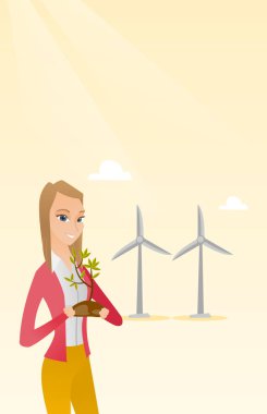 Küçük bitki vektör çizim tutan kadın.