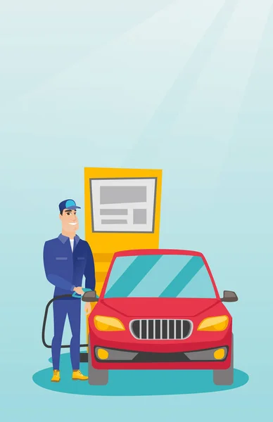 Worker filling up fuel into car at the gas station — Stock Vector