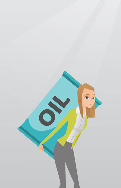 Woman carrying oil barrel vector illustration.