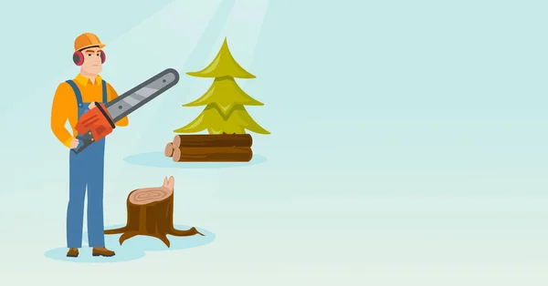 Lumberjack com ilustração vetorial de motosserra . — Vetor de Stock