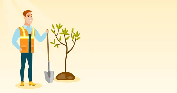 Homem planta árvore vetor ilustração . — Vetor de Stock