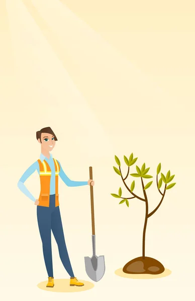 Vrouw planten boom vectorillustratie. — Stockvector