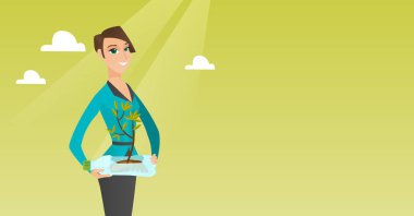 Plastik şişede büyüyen bitki tutan kadın.