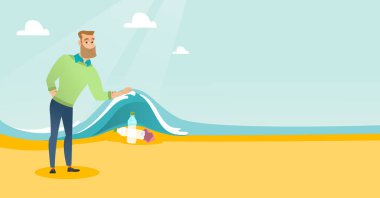 Plastik şişe dalga deniz altında gösterilen adam.