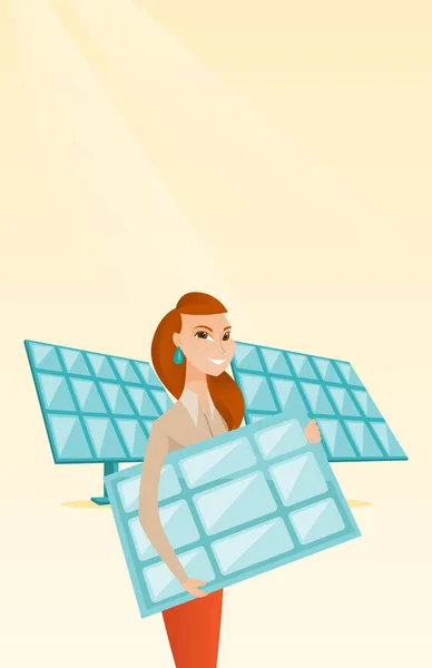 Woman holding solar panel vector illustration. — Stock Vector