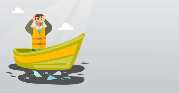 L'uomo galleggia su una barca in acque inquinate . — Vettoriale Stock