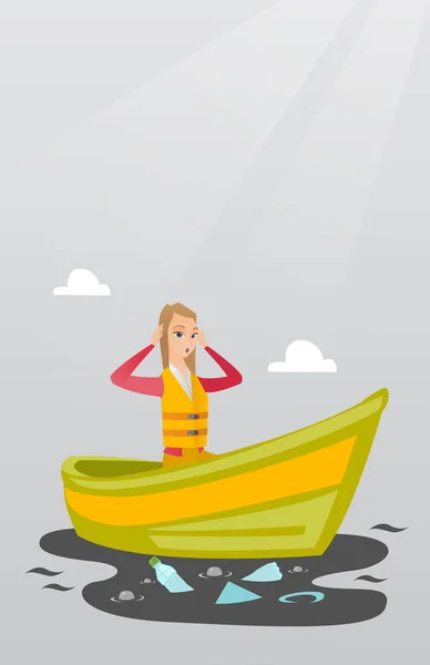 Woman floating in a boat in polluted water. — Stock Vector