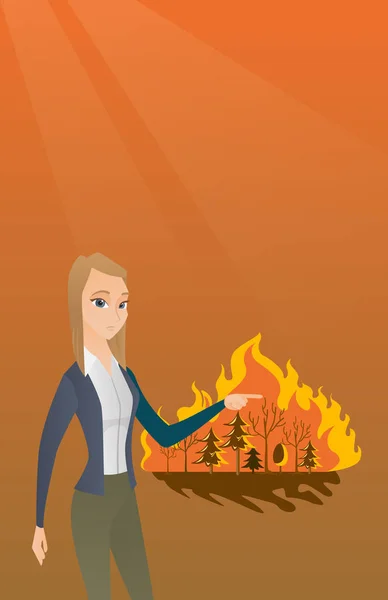Donna in piedi sullo sfondo di un incendio . — Vettoriale Stock