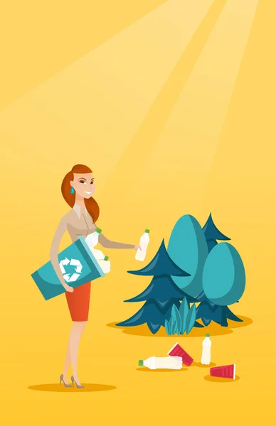 Woman collecting garbage in forest. — Stock Vector