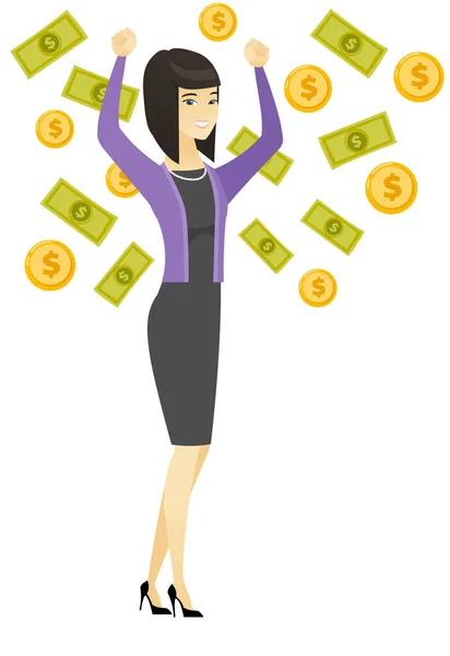 Šťastný busiess žena za peníze déšť. — Stockový vektor