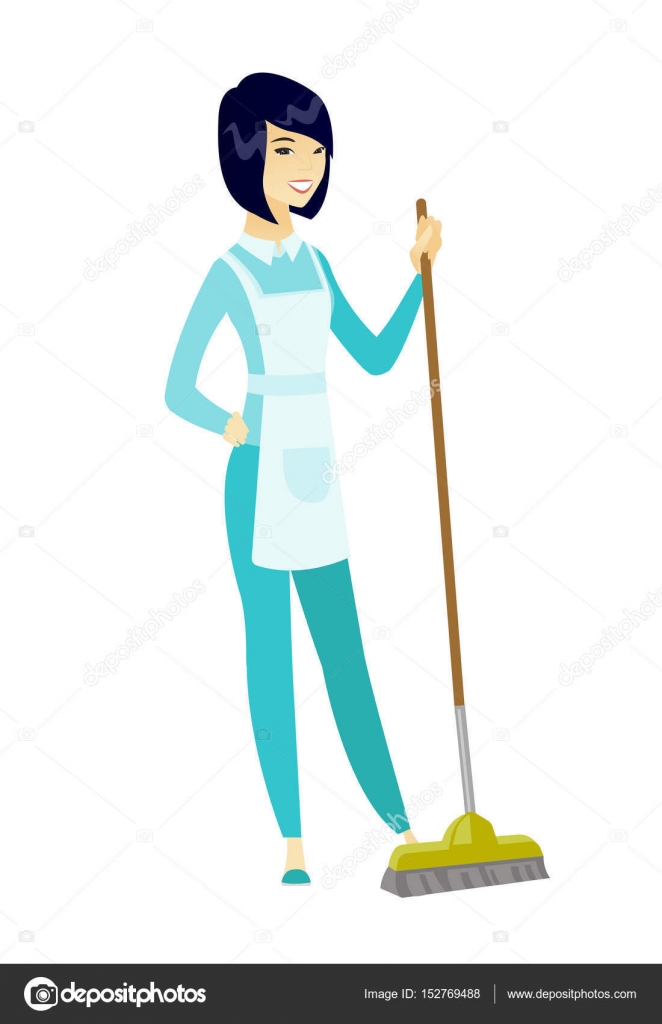 Mulher, limpeza de rotina diária no chão da casa com vassoura e