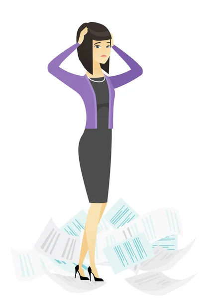 Stressade affärskvinna med massor av arbete att göra. — Stock vektor