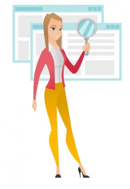 Beyaz iş kadını büyüteç ile.