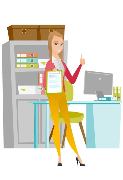 Business woman with clipboard giving thumb up. — Stock Vector