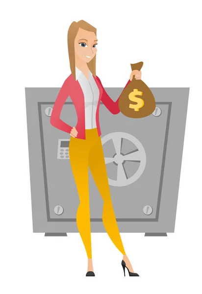 Caucasian business woman holding a money bag. — Stock Vector