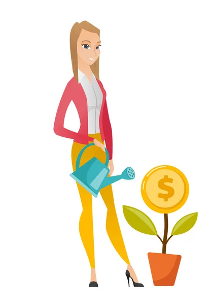 Femme arrosage argent fleur vecteur illustration . — Image vectorielle