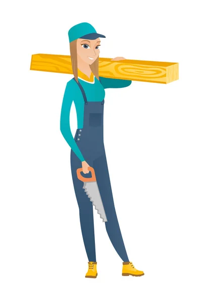 Carpenter holding saw and wooden board. — Stock Vector