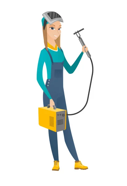 Welder holding gas welding machine. — Stock Vector