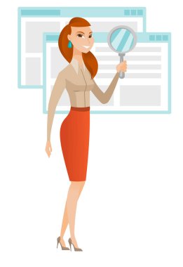 Beyaz iş kadını büyüteç ile.