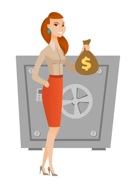Mujer de negocios caucásica sosteniendo una bolsa de dinero . — Vector de stock