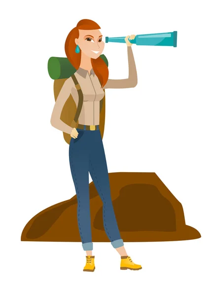 Young caucasian traveler with spyglass. — Stock Vector