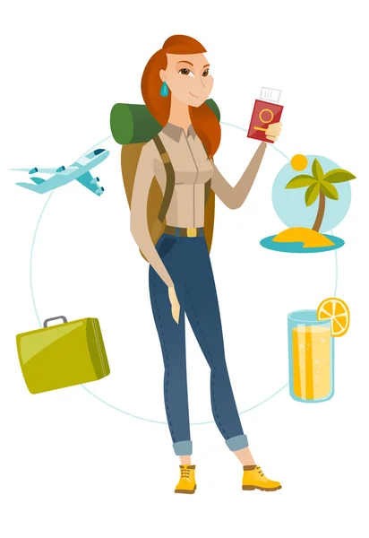 Mujer joven viajera con pasaporte con billete . — Vector de stock