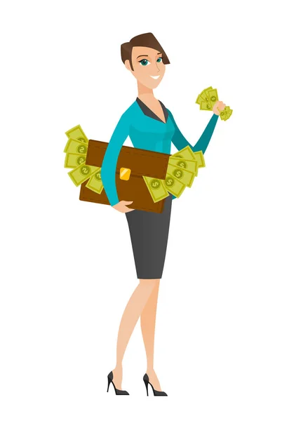 Obchodní žena s kufřík plný peněz. — Stockový vektor