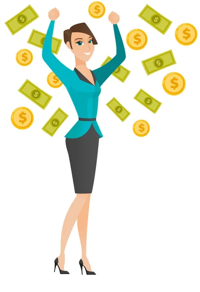Kobieta szczęśliwa busiess pod deszcz pieniędzy. — Wektor stockowy