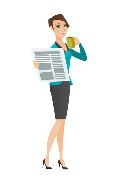 Wanita minum kopi dan membaca berita di koran - Stok Vektor